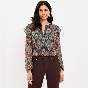 LOFT Long Sleeve Tapestry Ruffle Split Neck Blouse | Size XL